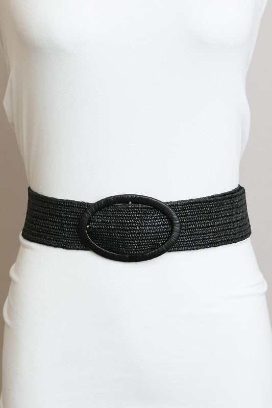 Raffia Wrapped Oval Buckle Stretch Belt