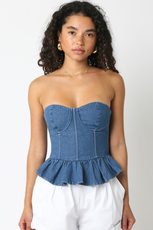Washed Ashore Peplum Corset Denim Top