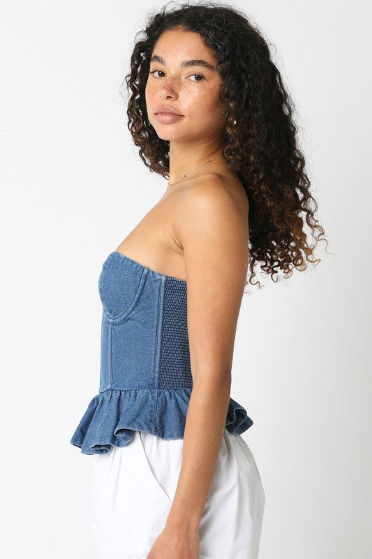 Washed Ashore Peplum Corset Denim Top