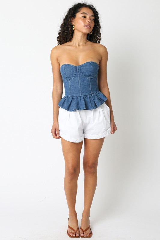 Washed Ashore Peplum Corset Denim Top