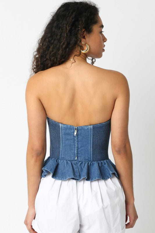 Washed Ashore Peplum Corset Denim Top