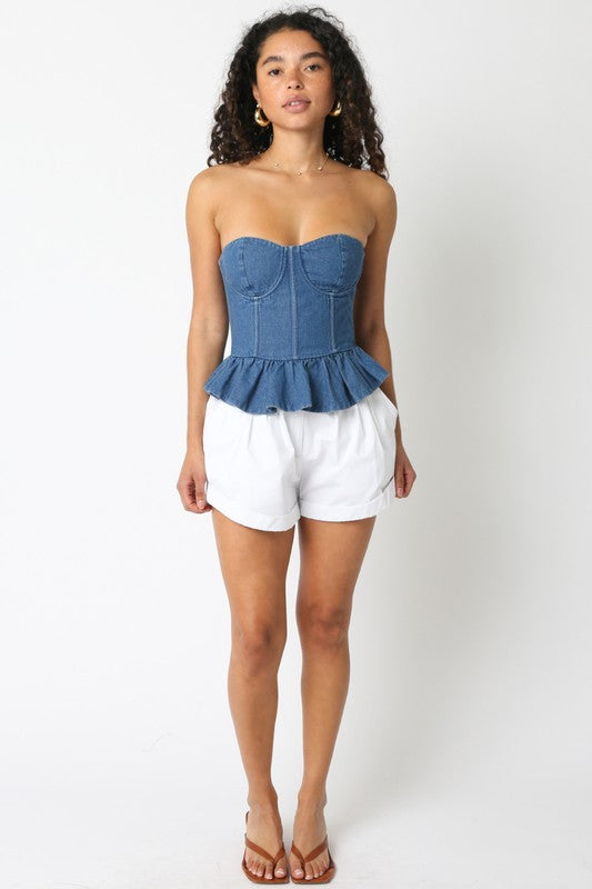 Washed Ashore Peplum Corset Denim Top