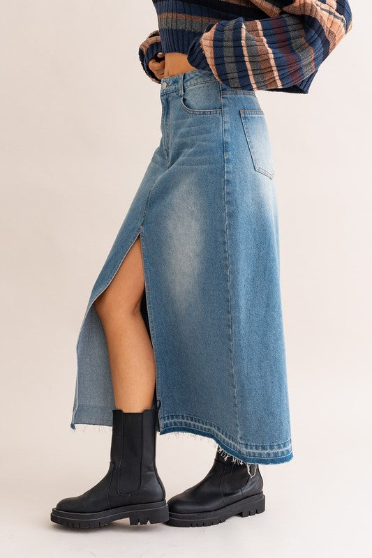Jenna Distressed Denim Maxi Skirt