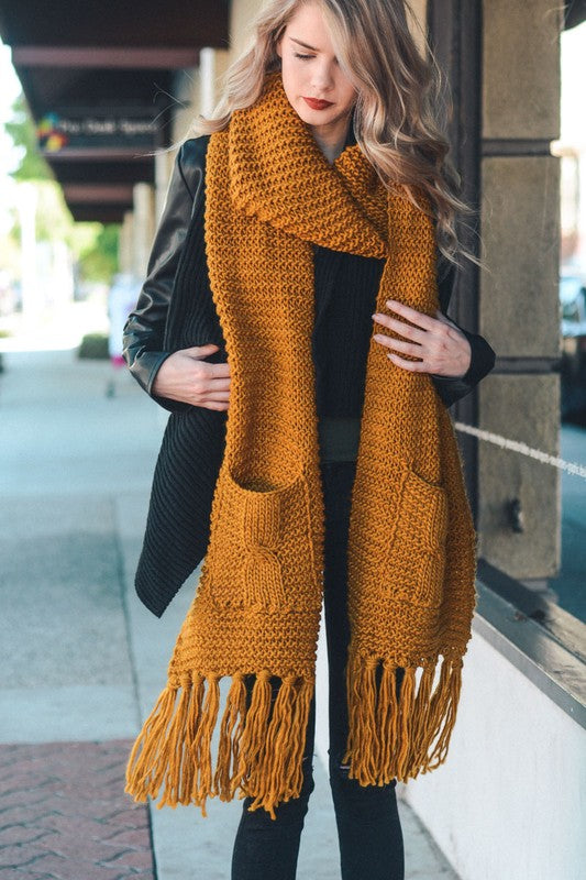 Oversized Fringe Tassel Pocketed Knit Scarf