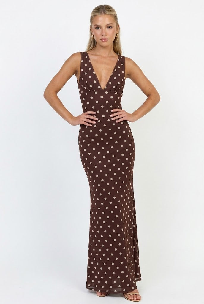 Espresso Nights Polka Dot Maxi Dress