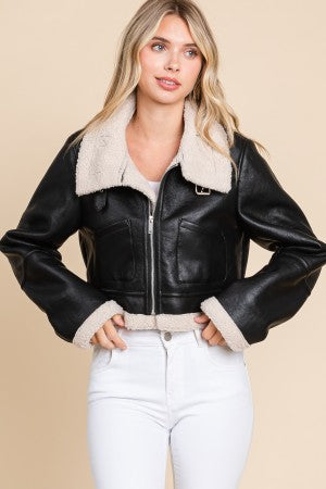 Vegan Leather Sherpa Collared Jacket - Final Sale