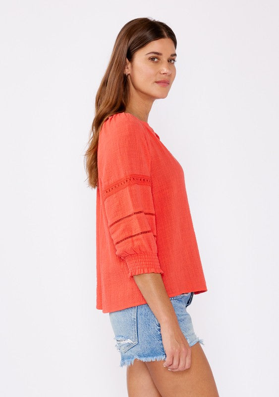 Smocked Cotton Lace Trimmed Blouse Top