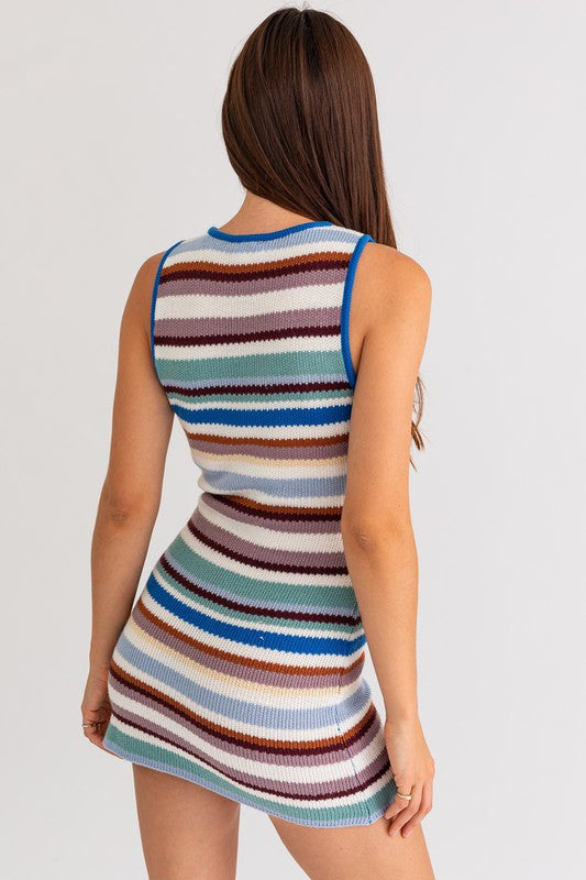 Coastal Fall Chic Sleeveless Striped Sweater Mini Dress