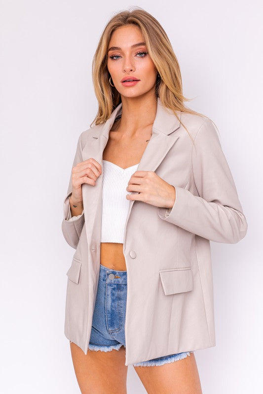 Uptown Girl Pocketed Vegan Leather Blazer