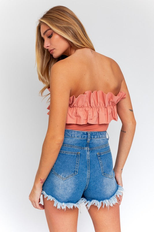 Loretta Strapless Ruffle Detail Bodysuit - Small - Final Sale