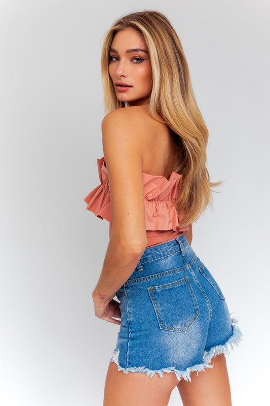 Loretta Strapless Ruffle Detail Bodysuit - Small - Final Sale