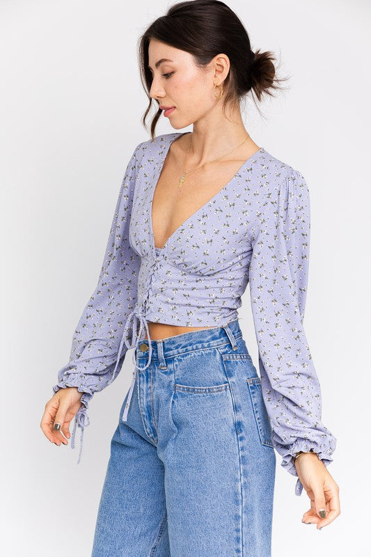 Audrey Puff Sleeve Lace-Up V-Neck Top