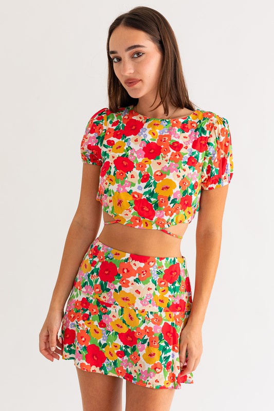 French Riviera Floral Short Sleeve Back Tie Crop Top - Final Sale