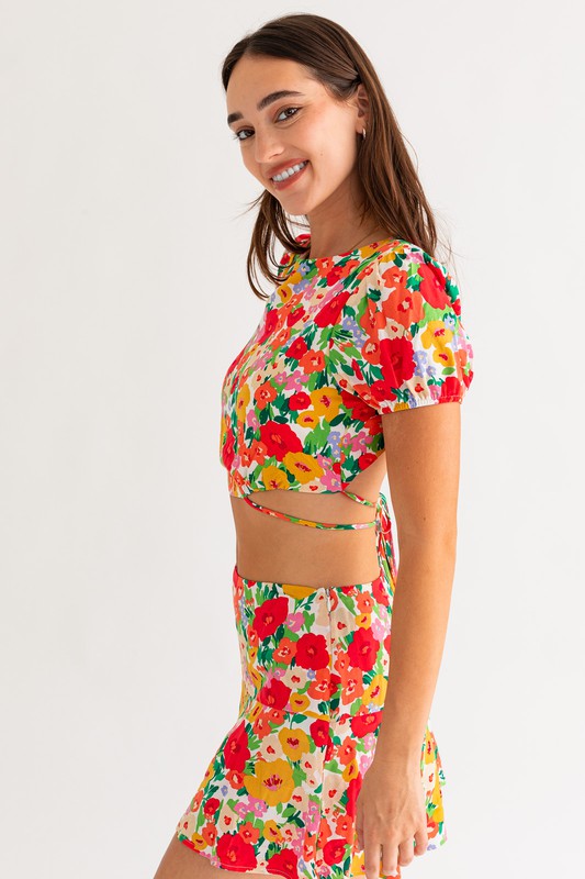 French Riviera Floral Short Sleeve Back Tie Crop Top - Final Sale