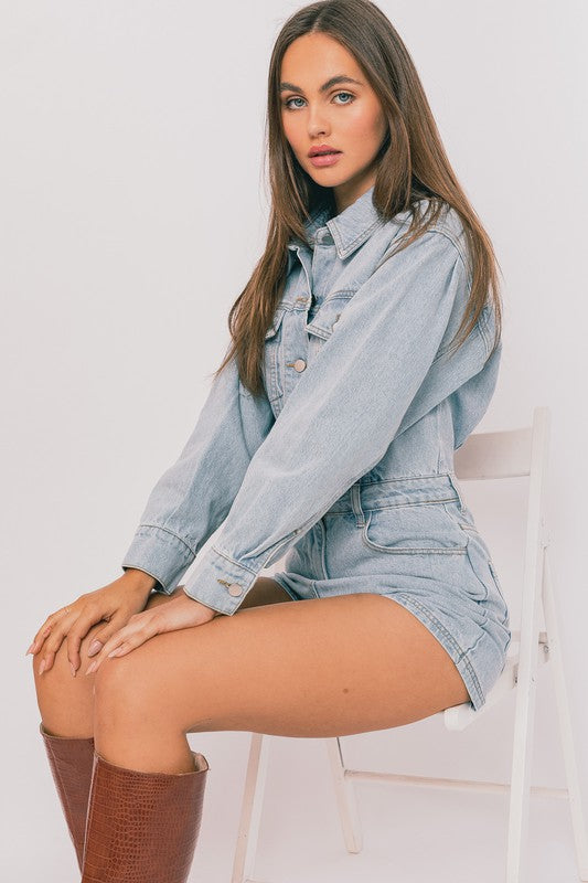 Always Cool Long Sleeve Denim Pocketed Romper - Final Sale