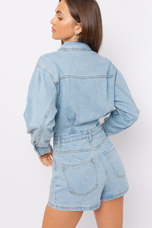 Always Cool Long Sleeve Denim Pocketed Romper - Final Sale