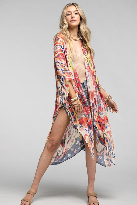 Rose Abstract Open Front Kimono