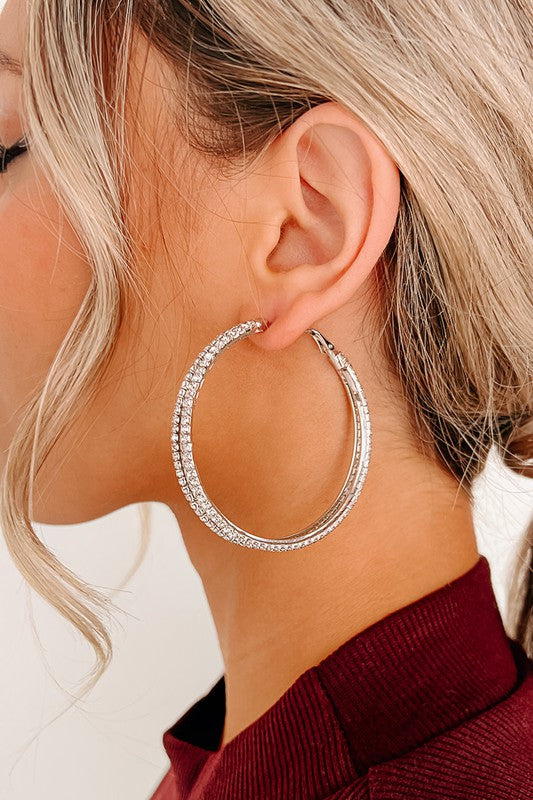 She Shines Double Silver Rhinestone Hoop Earrings - Final Sale