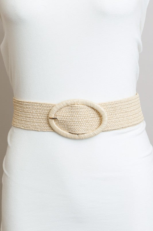 Raffia-Wrapped Oval Buckle Stretch Belt