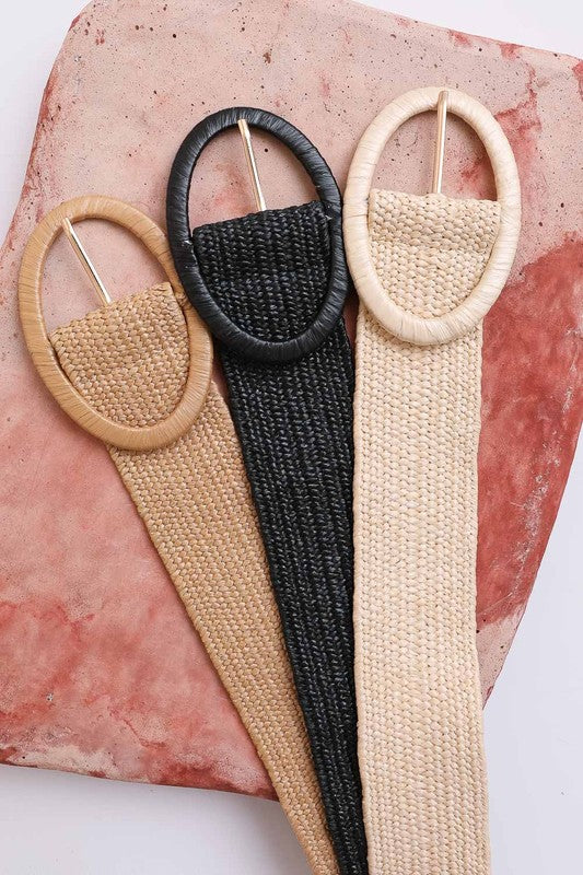 Raffia-Wrapped Oval Buckle Stretch Belt