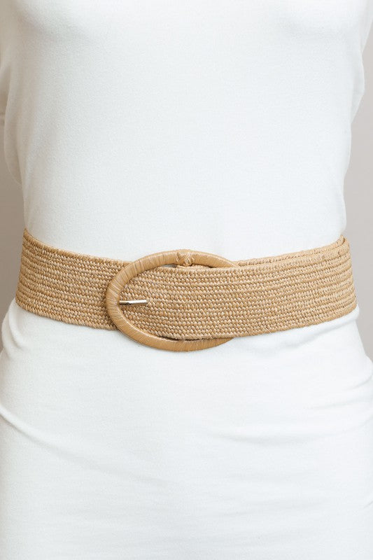 Raffia-Wrapped Oval Buckle Stretch Belt