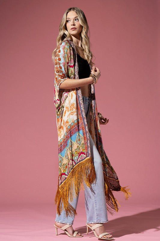 Cairo Open Front Fringe Border Kimono