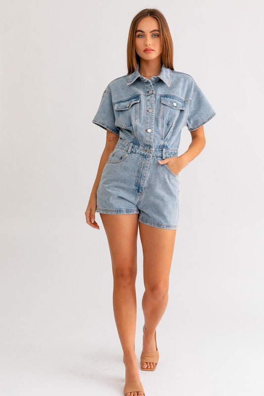 One & Only Denim Short Pocketed Romper - Final Sale