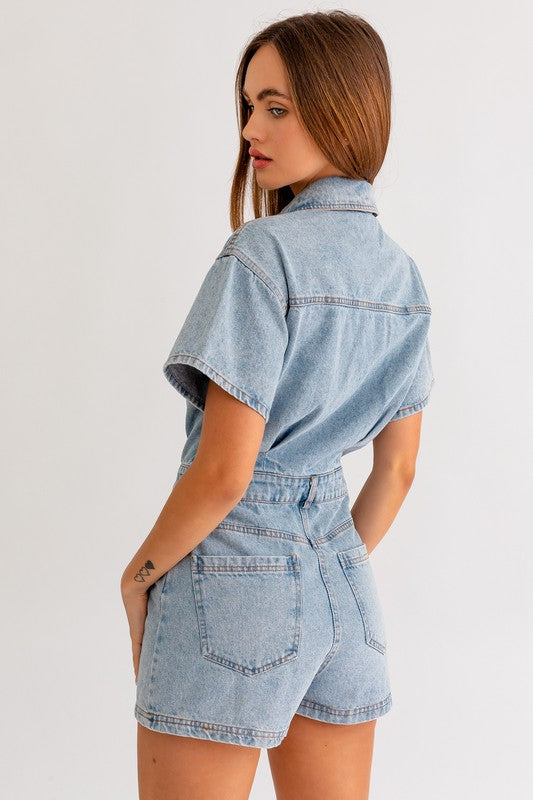 One & Only Denim Short Pocketed Romper - Final Sale