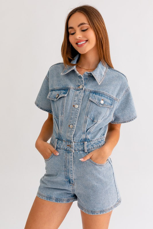 One & Only Denim Short Pocketed Romper - Final Sale