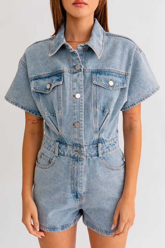 One & Only Denim Short Pocketed Romper - Final Sale