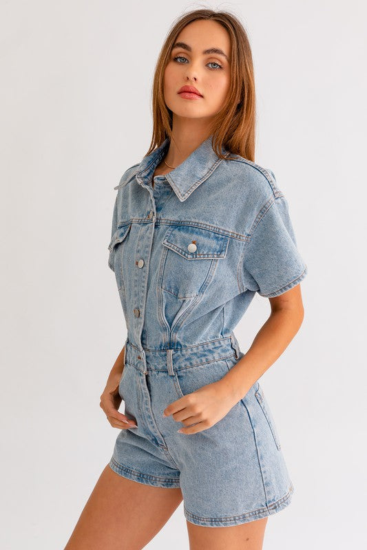 One & Only Denim Short Pocketed Romper - Final Sale