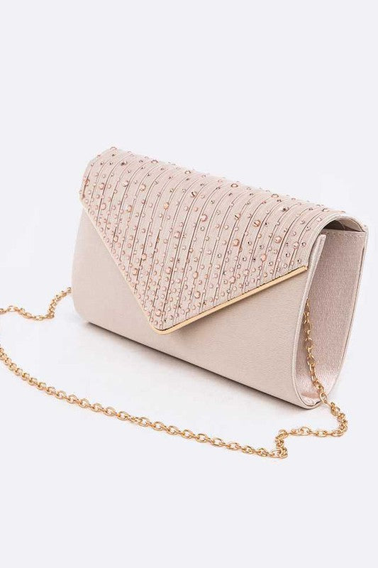 Crystal Pave Pleated Satin Clutch Bag