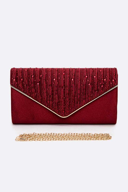 Crystal Pave Pleated Satin Clutch Bag