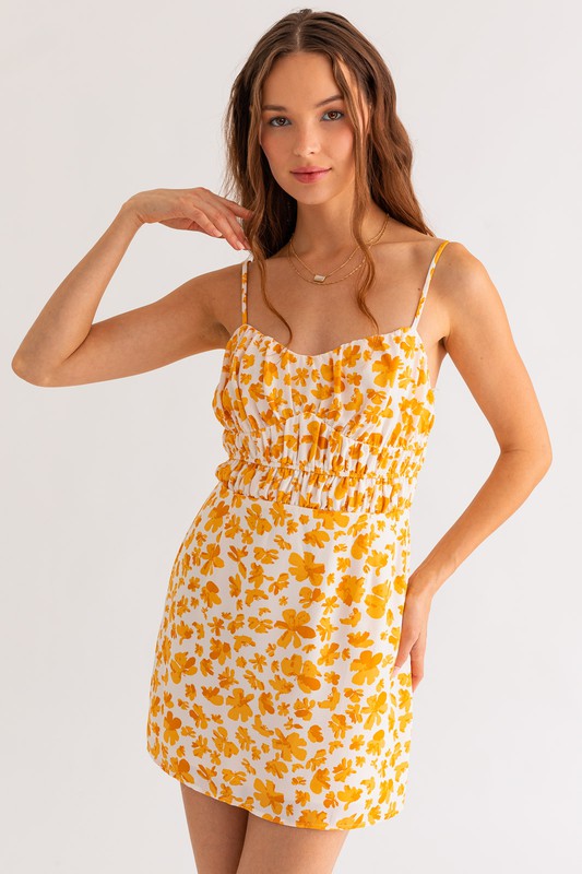 Apricot Floral Ruched Mini Dress