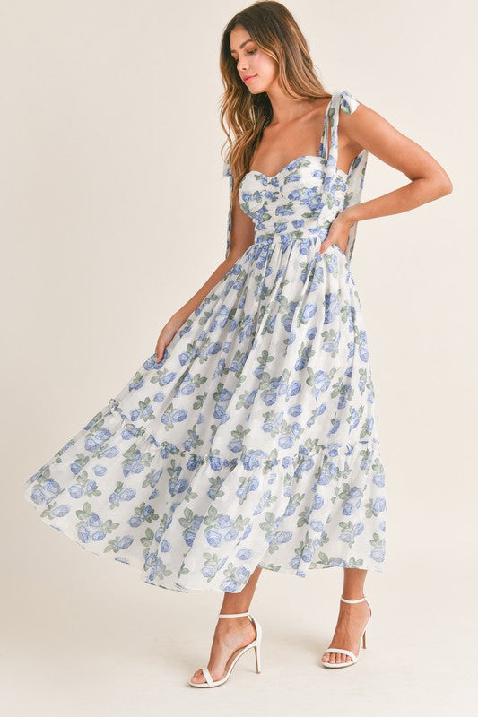 Floret Shoulder Tie Midi Dress