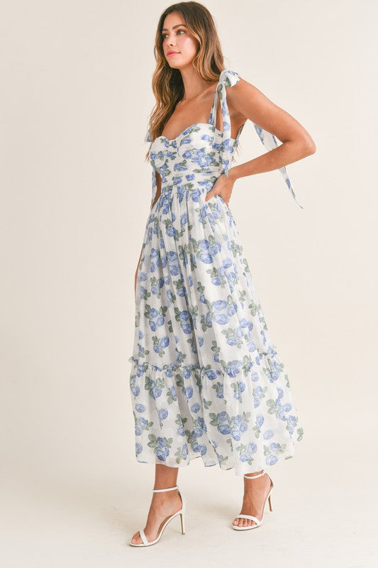 Floret Shoulder Tie Midi Dress