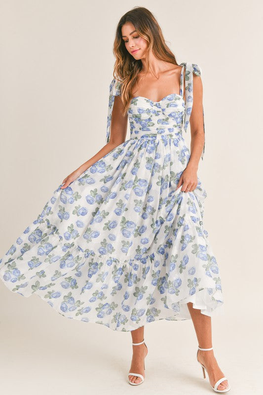 Floret Shoulder Tie Midi Dress