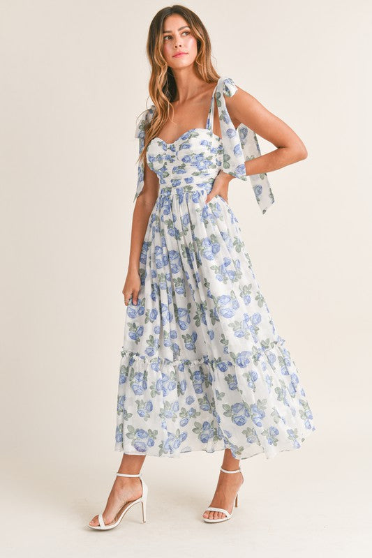 Floret Shoulder Tie Midi Dress