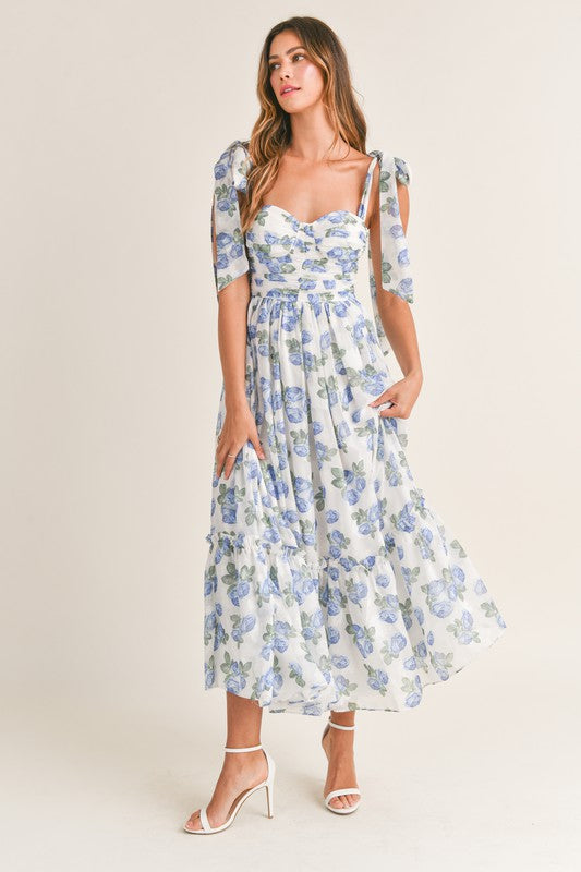 Floret Shoulder Tie Midi Dress