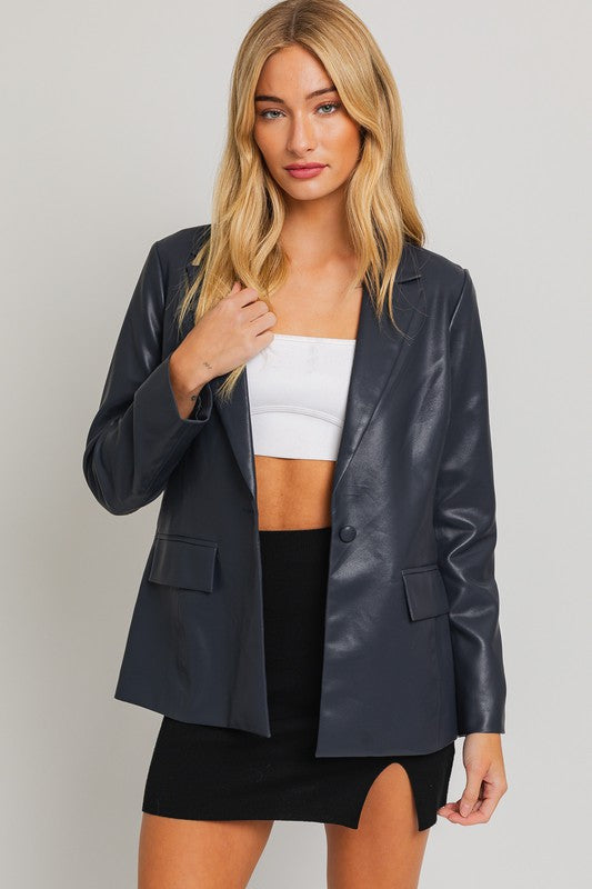 Uptown Girl Navy Pocketed Vegan Leather Blazer