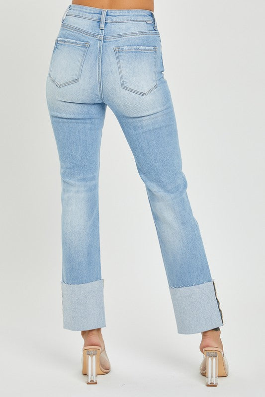 Light Denim High Rise Wide Cuffed Straight Jeans