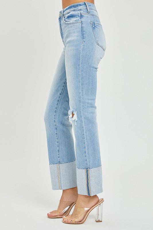 Light Denim High Rise Wide Cuffed Straight Jeans