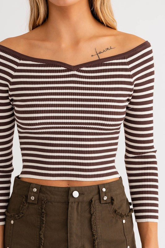 Raven Off Shoulder Striped Ribbed Long Sleeve Top