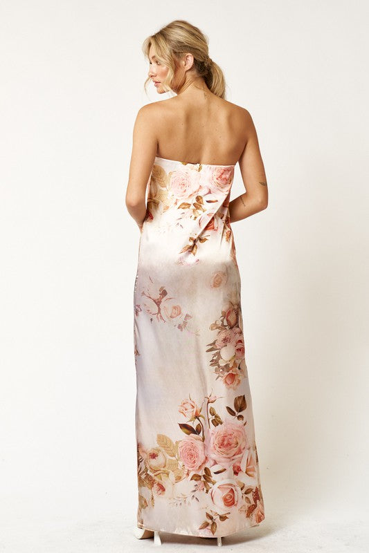 Milan Floral Satin Tube Maxi Dress