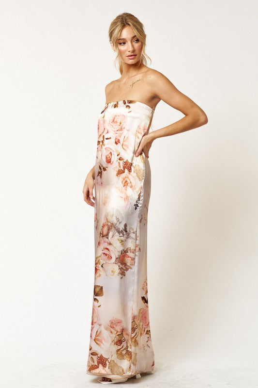 Milan Floral Satin Tube Maxi Dress