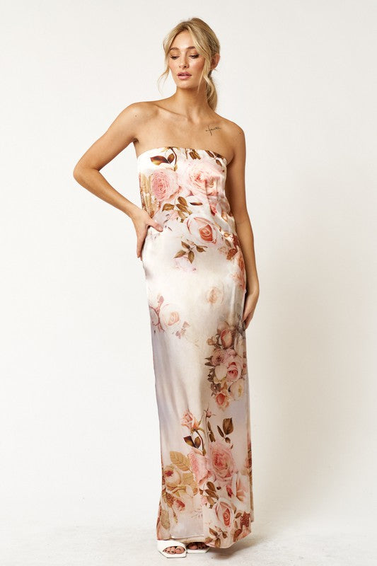 Milan Floral Satin Tube Maxi Dress