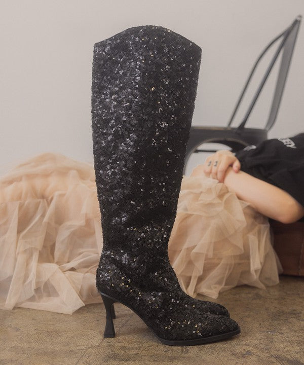 Jewel Knee High Sequin Heeled Boots