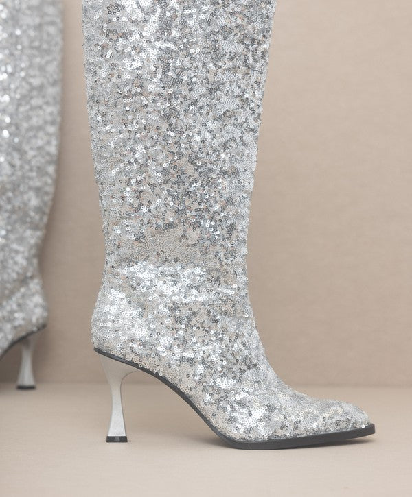 Jewel Knee High Sequin Heeled Boots