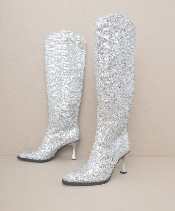 Jewel Knee High Sequin Heeled Boots