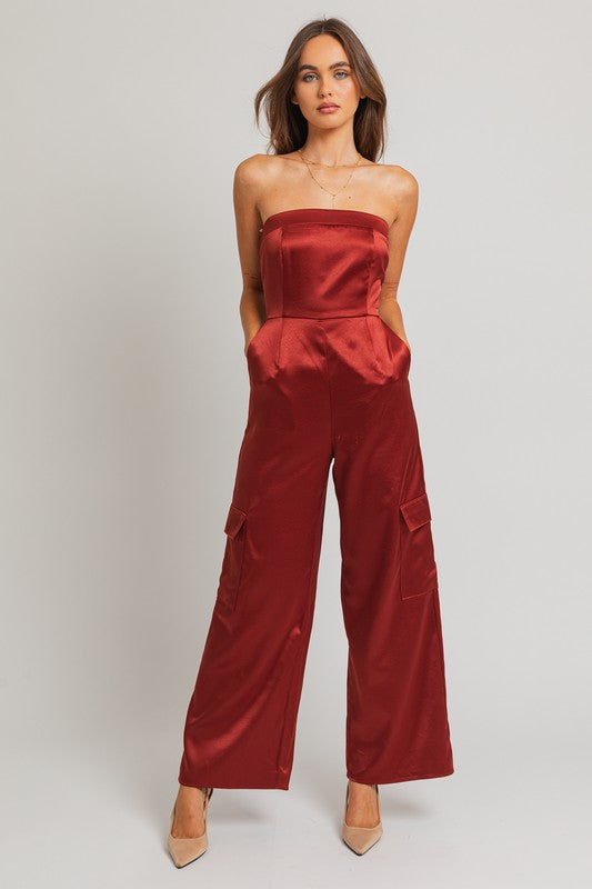 Walk This Way Strapless Satin Pocketed Jumpsuit